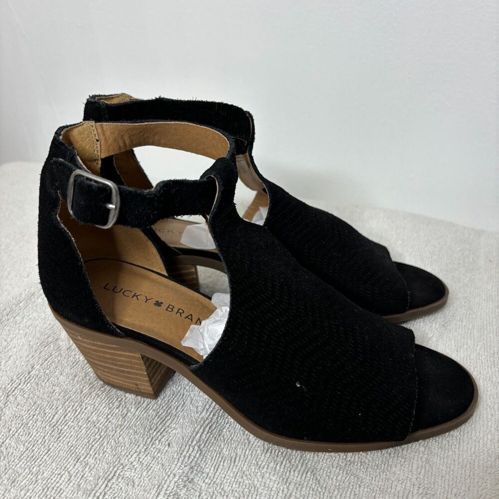 Lucky Brand Black Suede Women’s Block 2” Heel Open Toe Boho Size 6M